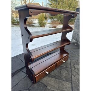 VTG Wood Tea Cup & Saucer Curio Wall Mount Display Shelf w/ Drawer 24x24”